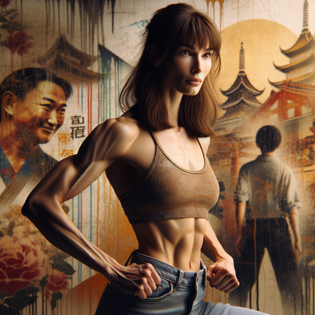 Athletic Thin skinny Attractive, Asian teenage girl, long brown hair and bangs, wearing tight skinny jeans and a halter top paint marks on her clothing, heroic pose Asian graffiti background, side view