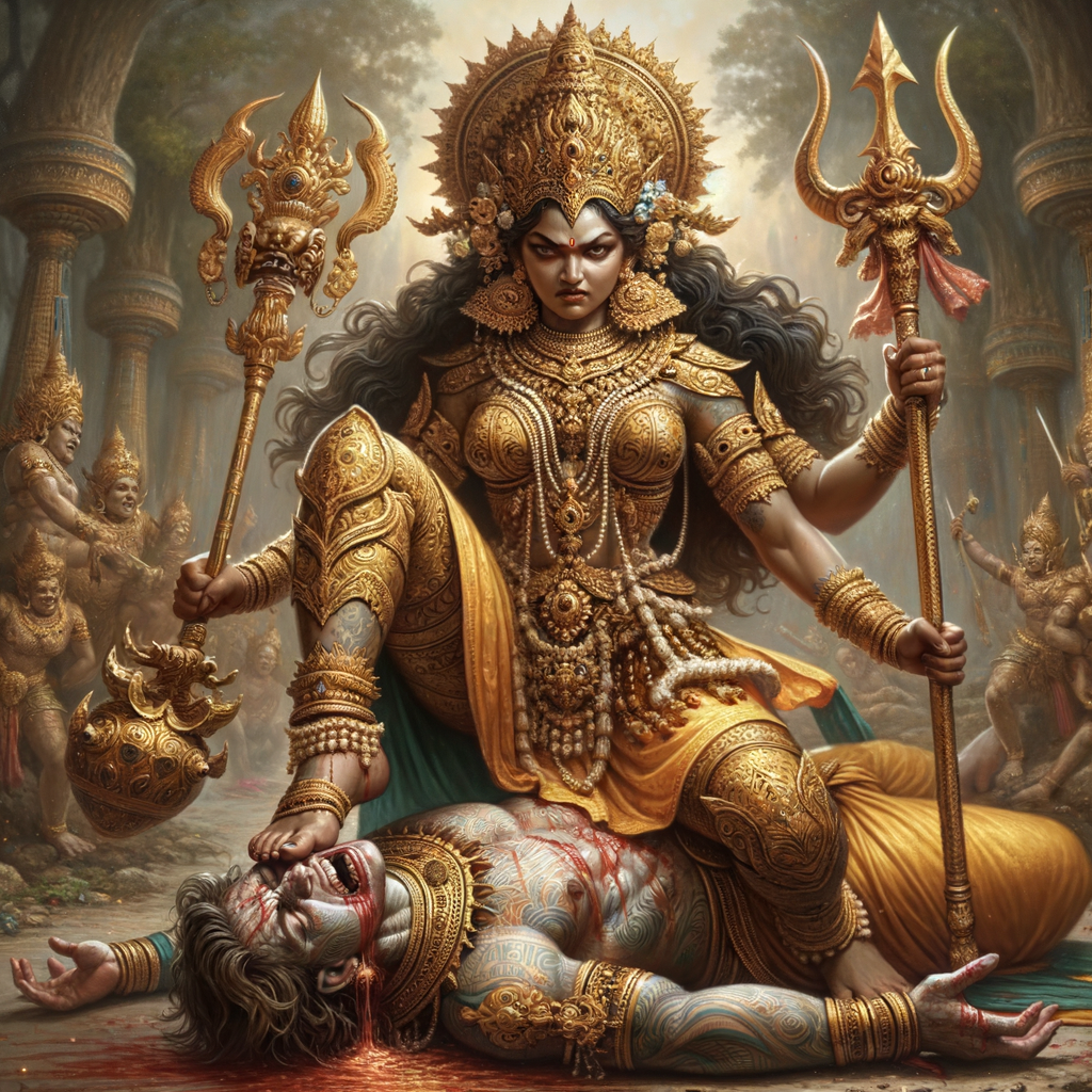 portrait of angry looking, indian goddess trampling a defeated mahishasur with her foot, while he is lying on the ground, she has a trident in her hand. She is wearing gold armor, a huge gold crown, gold saree, abundant  gold jewelry, covered in blood. The scene is set in ancient India. The image is 8K resolution, cinematic, photography, ultra detailed face and epic.