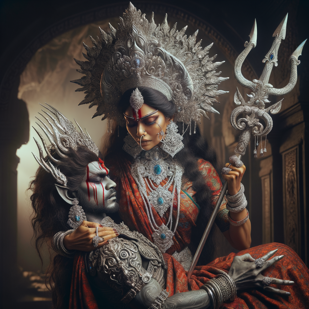 portrait of angry looking, gorgeous goddess durga cosplayer carrying a weak mahishasur in her two arms and stabbing him with her amazingly designed trident. She is wearing a huge silver crown, red saree, abundant silver jewelry, covered in blood. The scene is set in ancient India. The image is 8K resolution, cinematic, ultra detailed face and epic.