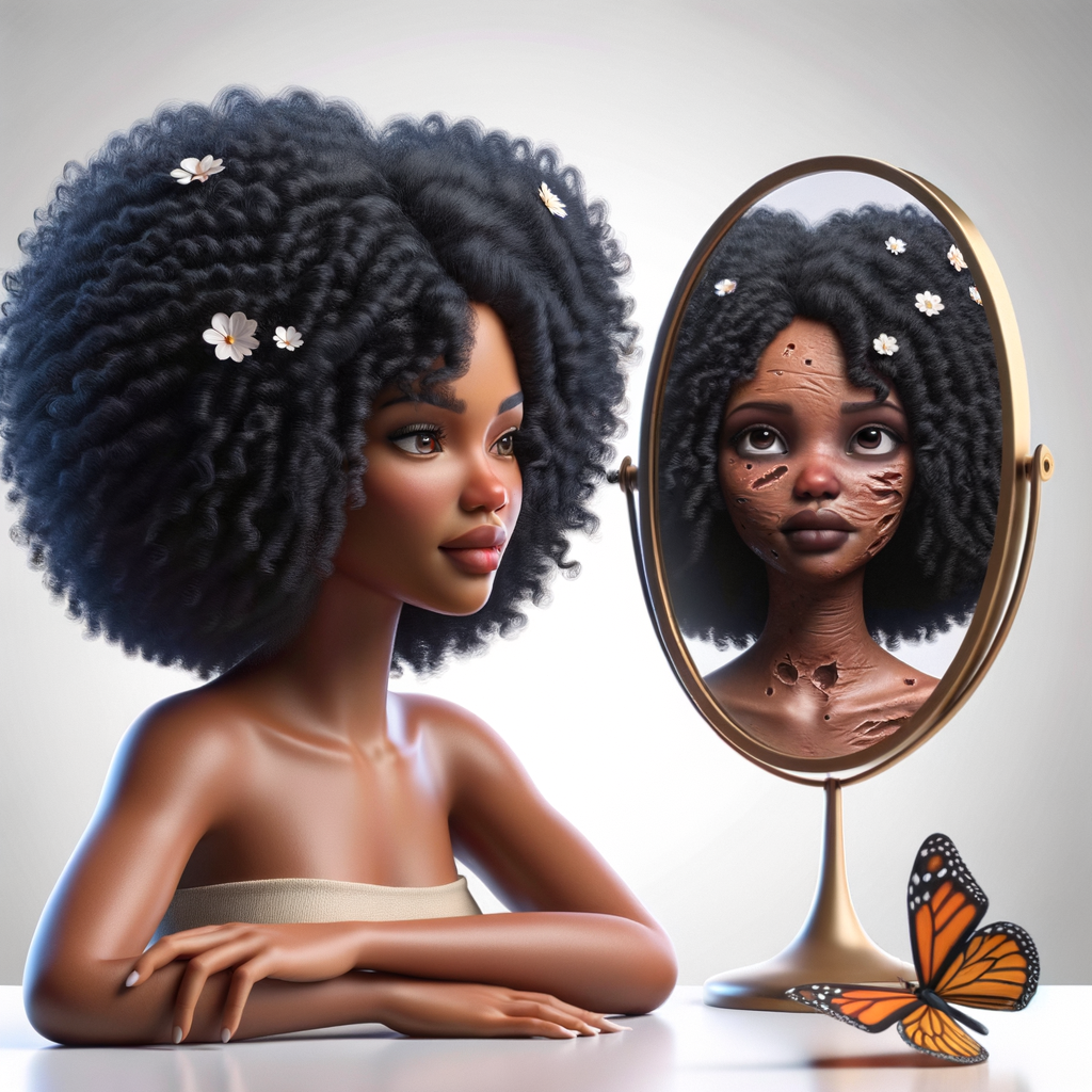 Create a 3-D realistic beautiful African-American  women with thick curly black hair
Looking at herself in the mirror, but the reflection she sees is a child, and she is no longer beautiful. She is ugly with scars. There is a fallen butterfly.