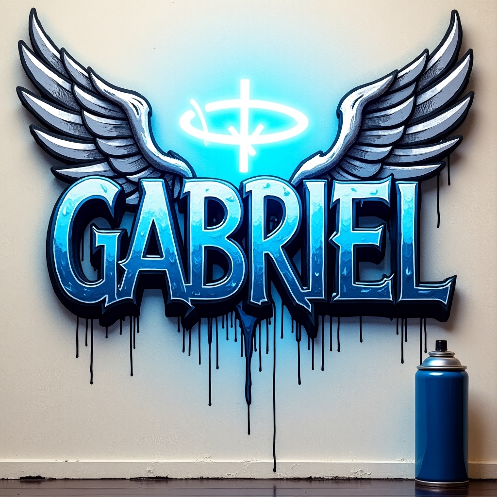 neon urban graffiti rock letters metallic blue and black of name " GABRIEL" with crosses glowing. the name "GABRIEL" also has angel wings & a Silver halo hovering it. in the bottom right corner a can of spray paint dripping with metallic blue liquid. background is vanilla center block wall.