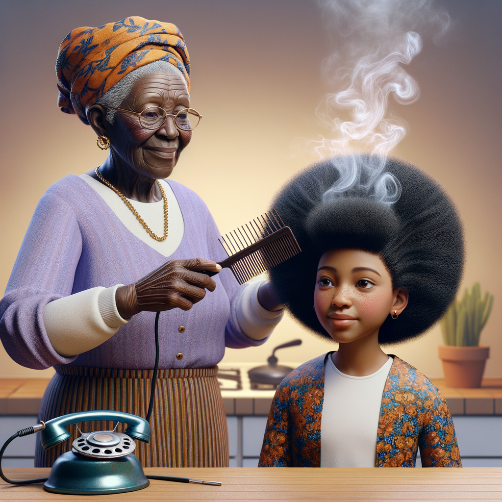 Create a realistic 3-D image of an african-American grandmother in the kitchen with her african-American granddaughter. The grandmother has a hot comb in her hair and she is straightening her granddaughters hair. One side of her granddaughters hair is in  a Afro the other is bone straight 
There is smoke coming from the hot comb