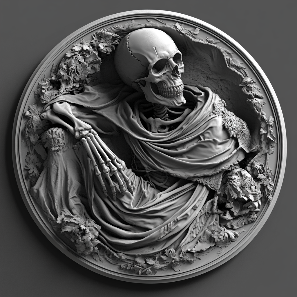 Design a high-contrast grayscale 3d bas relief of death, The composition should be circular like a coin emblem, designed for CNC routing with balanced lighting to accentuate fine details, sharp edges, and distinct textures. Employ deep shadows and strong highlights to define planes and surfaces clearly.