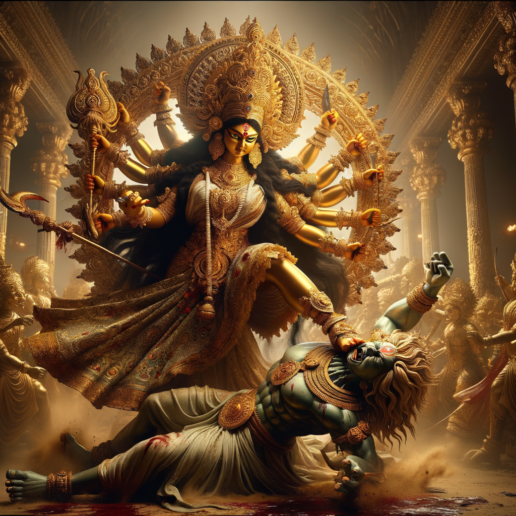 portrait of angry looking goddess durga pinning a weak mahishasur to the ground with her foot. She is wearing gold armor, a huge gold crown, gold saree, abundant  gold jewelry, covered in blood. The scene is set in ancient India. The image is 8K resolution, photography, cinematic, ultra detailed face and epic