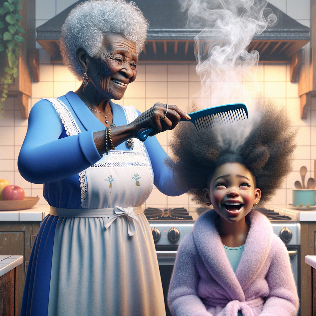 Create a realistic 3-D image of an african-American grandmother wearing a blue house dress and a white apron . She is in the kitchen with her african-American granddaughter. Her granddaughter is wearing a pink bath robe. The grandmother has a hot comb in her hand and she is straightening her granddaughters hair. One side of her granddaughters hair is in  a Afro the other straight 
There is smoke coming from the hot comb
The granddaughter is making a face