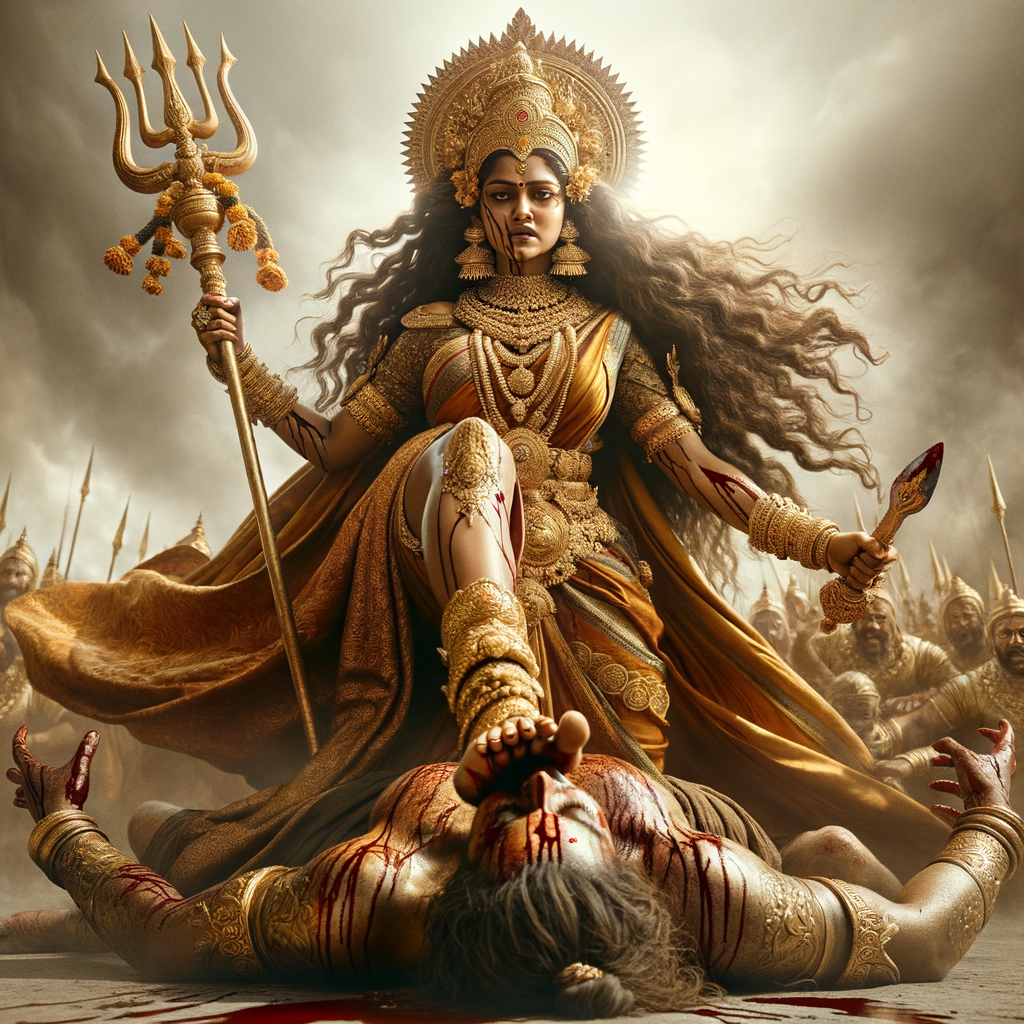 photograph of angry looking, indian goddess trampling a defeated mahishasur with her foot, while he is lying on the ground, she has a trident in her hand. She is wearing gold armor, a huge gold crown, gold saree, abundant  gold jewelry, covered in blood. The scene is set in ancient India. The image is 8K resolution, cinematic, photography, ultra detailed face and epic.