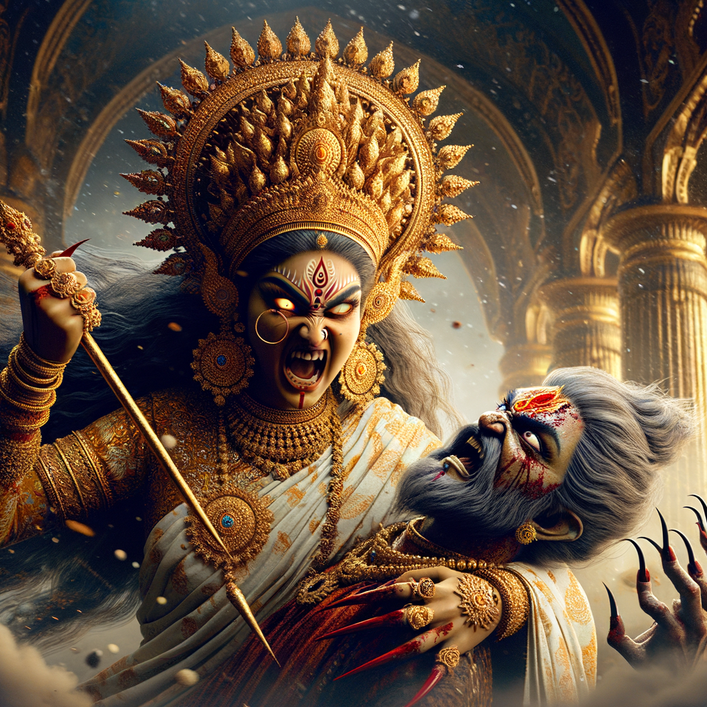 portrait of angry looking goddess durga  carrying a weak mahishasur in her arms and poking him with her amazingly long red fingernails. She is wearing a huge gold crown, white saree, abundant  gold jewelry, covered in blood. The scene is set in ancient India. The image is 8K resolution, cinematic, ultra detailed face and epic.