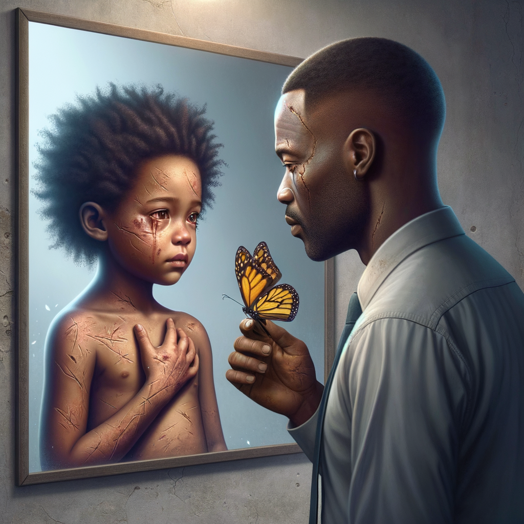 Create a 3-D realistic, adult african-American, female and male looking at themselves in the mirror but the child them has scars dirty crying and sad, with a falling butterfly