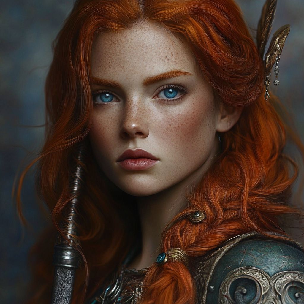 A below shoulder length red headed warrior with blue eyes and a round face carrying a jeweled sword.  Realistic photo of bust image