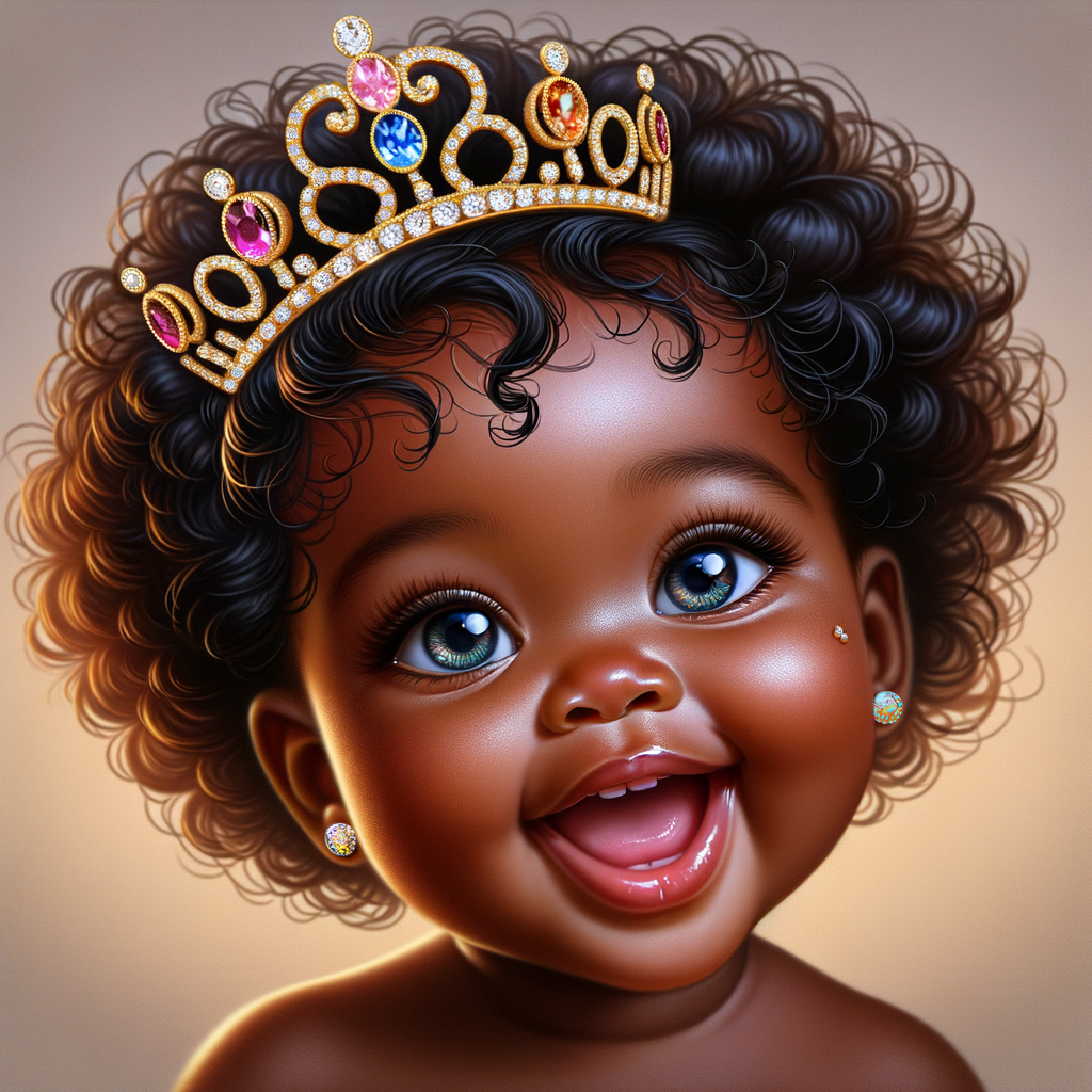 "Create a digital portrait of an adorable african-American baby girl with a joyful expression. She is wearing a gold crown with colorful jewels. Her big, bright blue eyes are wide with wonder, and her tiny mouth is shaped in a happy grin. Her skin has a warm, honey-brown tone, and she has an abundance of thick curly black hair, The background is soft and neutral to keep the focus on her delightful features. The portrait should be vibrant and heartwarming, celebrating the innocence and charm of childhood."