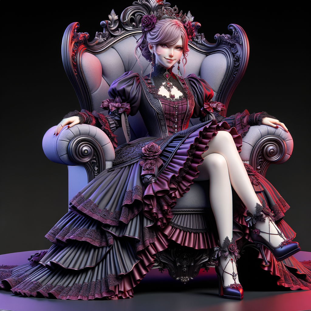 A woman named lilith wearing elegant gothic lolita dress  sitting on the thrones, red purple aura, smirk evil, 3D, humanlike