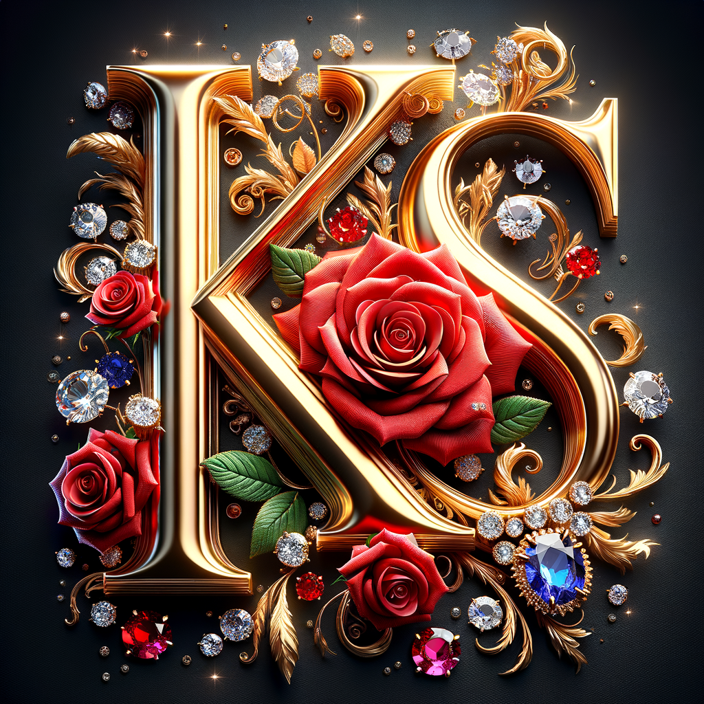 Create a 3-D realistic image with the letters  K.S. in gold raised letters and add some red roses. Add diamonds and colorful jewels