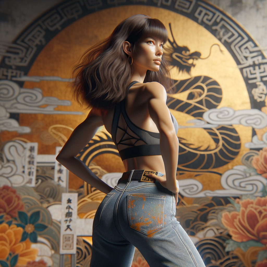 Athletic Thin skinny Attractive, Asian teenage girl, long brown hair and bangs, wearing tight skinny jeans and a halter top paint marks on her clothing, heroic pose Asian graffiti background, backside view