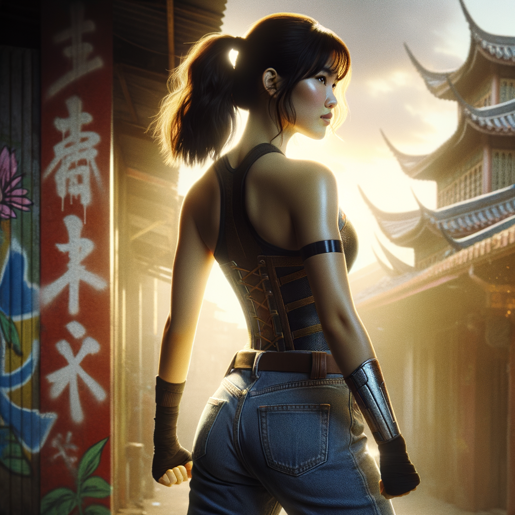 Athletic Thin skinny Attractive, Asian teenage girl, long brown hair and bangs, wearing tight skinny jeans and a halter top paint marks on her clothing, heroic pose Asian graffiti background,  backside view