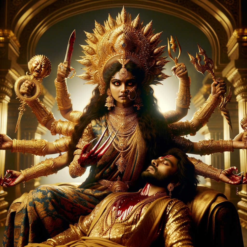 portrait of intense looking, four-armed indian goddess  sitting on a gold crown and carrying a weak mahishasur on her lap and poking his abdomen with her amazingly long red fingernails . She is wearing gold armor, a huge gold crown, gold saree, abundant  gold jewelry, covered in blood. The scene is set in ancient India. The image is 8K resolution, cinematic, photography, ultra detailed face and epic.