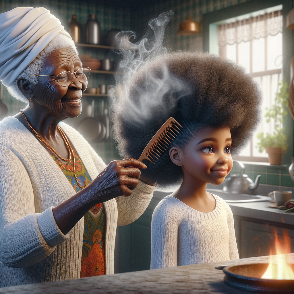 Create a realistic 3-D image of an african-American grandmother in the kitchen with her african-American granddaughter. The grandmother has a hot comb in her hair and she is straightening her granddaughters hair. One side of her granddaughters hair is in  a Afro the other is bone straight 
There is smoke coming from the hot comb