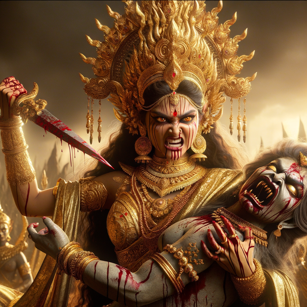 portrait of angry looking goddess durga  carrying a weak mahishasur in her arms and stabbing him with her amazingly long red fingernails. She is wearing gold armor, a huge gold crown, gold saree, abundant  gold jewelry, covered in blood. The scene is set in ancient India. The image is 8K resolution, cinematic, ultra detailed face and epic.