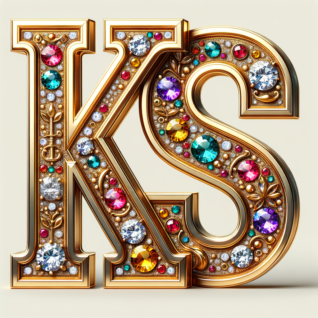 Create a 3-D realistic image with the letters  K.S. in gold raised letters , Add diamonds and colorful jewels