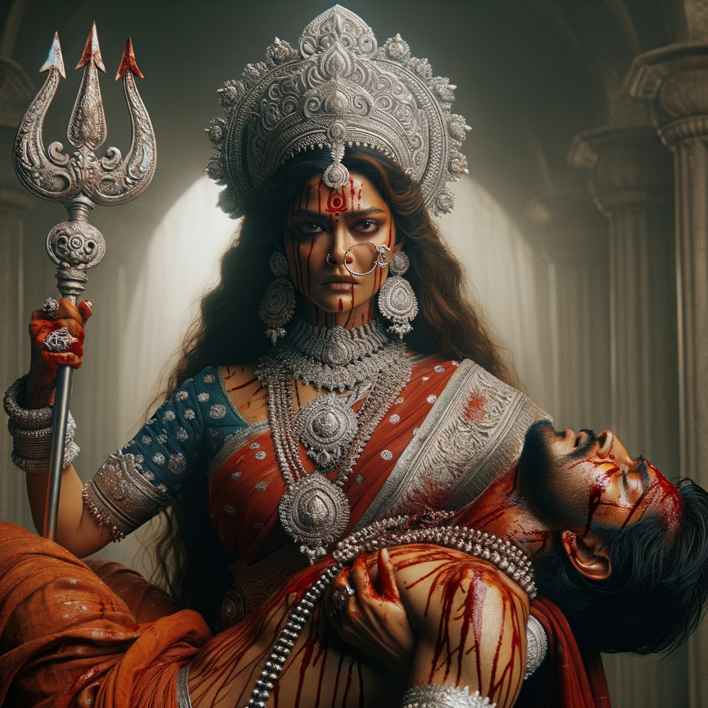 portrait of angry looking, gorgeous goddess durga cosplayer carrying a weak mahishasur in her two arms and stabbing him with her amazingly designed trident. She is wearing a huge silver crown, red saree, abundant silver jewelry, covered in blood. The scene is set in ancient India. The image is 8K resolution, cinematic, ultra detailed face and epic.