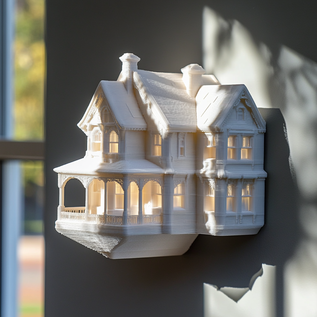 3D printed scale model of a house being displayed as art on a wall