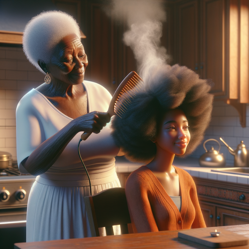 Create a realistic 3-D image of an african-American grandmother in the kitchen with her african-American granddaughter. The grandmother has a hot comb in her hair and she is straightening her granddaughters hair. One side of her granddaughters hair is in  a Afro the other is bone straight 
There is smoke coming from the hot comb