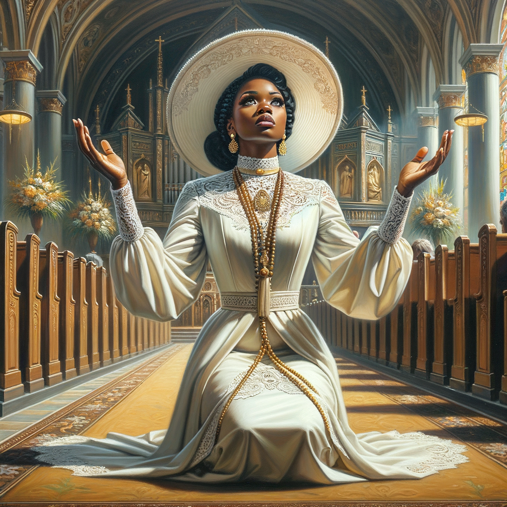 Render an airbrush oil painting of an African American woman with flawless makeup
kneeling at a church altar, her hands raised in a gesture of surrender to God. She's
dressed in stylish Sunday Best attire, with a particular focus on the delicate details of
her Church Hat. The background features a beautifully painted church interior, with the
oil paint texture enhancing the sacred atmosphere. The artwork should capture the
woman's devout expression, the elegance of her attire, and the spiritual ambiance of
the church setting, reflecting a moment of deep faith and devotion.