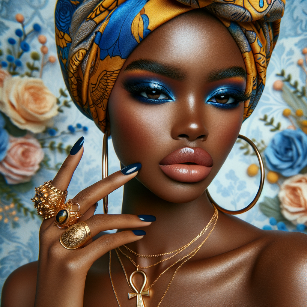 Create an image of an african-American, graceful woman , striking blue eyeshadow, and full lips. She wears large, golden hoop earrings and multiple necklaces, one with a prominent ankh pendant. Her hair is hidden beneath a vibrant, patterned head wrap in shades of blue, yellow, and orange. Her nails are painted dark blue, complementing her eyeshadow, and her fingers are adorned with a large, ornate gold ring. She poses elegantly against a background filled with soft pastel flowers, highlight her beauty