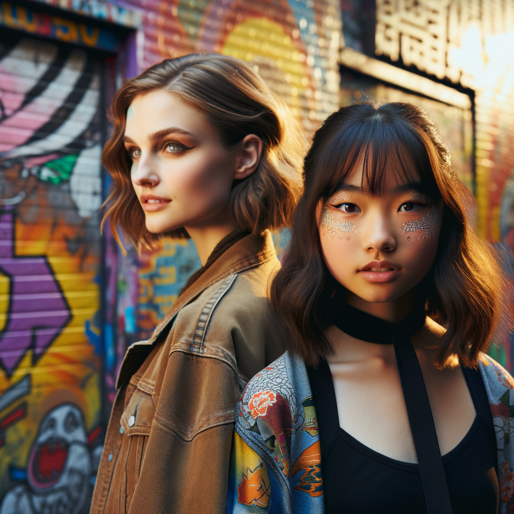 Athletic Thin skinny Attractive, Asian teenage girl, long brown hair and bangs, wearing tight skinny jeans and a halter top paint marks on her clothing, heroic pose Asian graffiti background, backside view