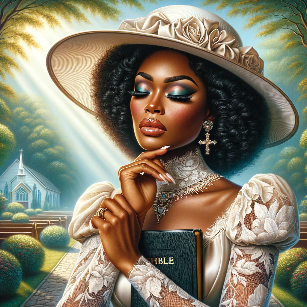 Render an airbrush oil painting of an African American woman with flawless makeup in a
contemplative pose, holding a Bible close to her heart, dressed in an elegant Sunday Best
outfit with a distinctive Church Hat. The background features a peaceful church garden,
with light filtering through the trees, highlighting her spiritual connection and the personal
moment of reflection. The artwork should capture the tranquility of the scene, the beauty
of her attire, and the depth of her contemplation, reflecting a serene and spiritually