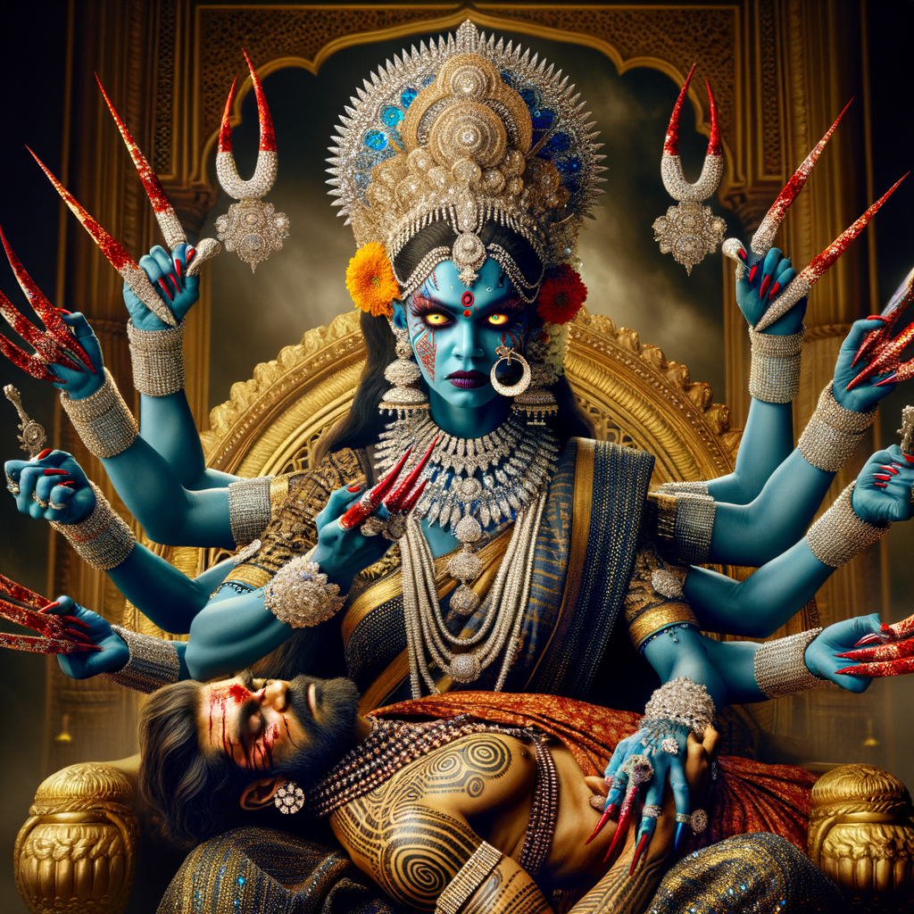 portrait of angry looking, four-armed indian goddess blue skinned sitting on a gold crown and carrying a weak mahishasur on her lap and poking his abdomen with her amazingly long red fingernails . She is wearing diamond armor, a huge diamond crown, black saree, abundant  diamond jewelry, covered in blood. The scene is set in ancient India. The image is 8K resolution, cinematic, photography, ultra detailed face and epic.