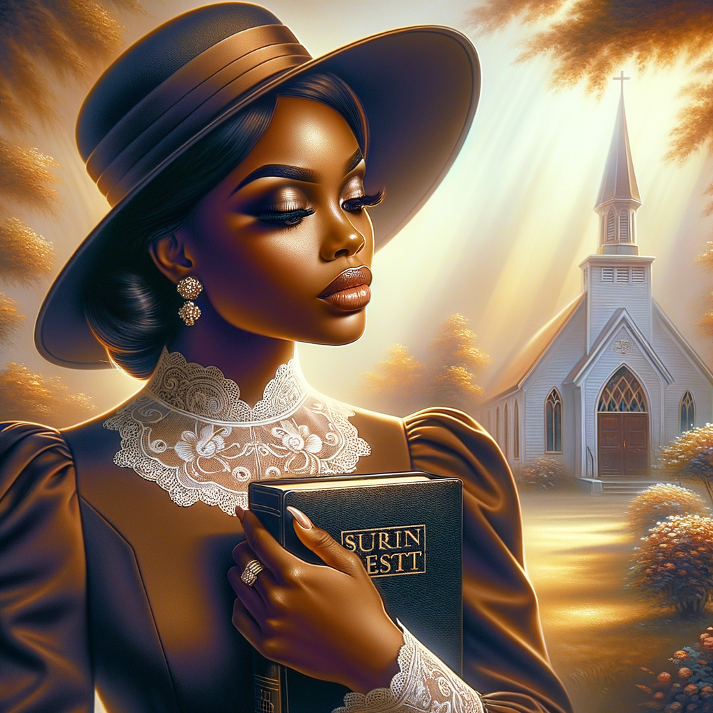 Render an airbrush oil painting of an African American woman with flawless makeup in a
contemplative pose, holding a Bible close to her heart, dressed in an elegant Sunday Best
outfit with a distinctive Church Hat. The background features a peaceful church garden,
with light filtering through the trees, highlighting her spiritual connection and the personal
moment of reflection. The artwork should capture the tranquility of the scene, the beauty
of her attire, and the depth of her contemplation, reflecting a serene and spiritually