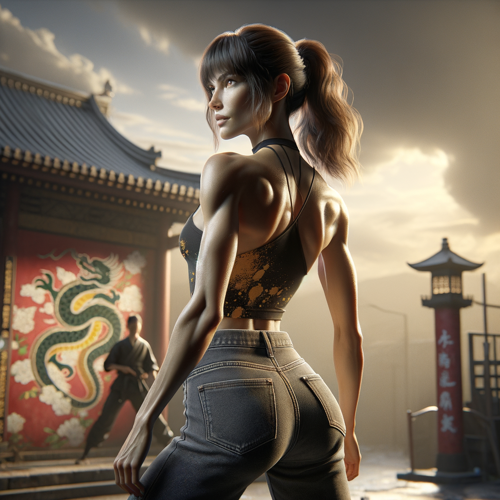 Athletic Thin skinny Attractive, Asian teenage girl, long brown hair and bangs, wearing tight skinny jeans and a halter top paint marks on her clothing, heroic pose Asian graffiti background, backside view