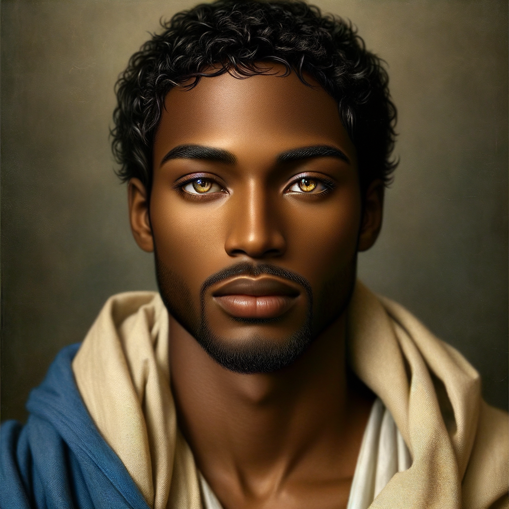 Create handsome African-American, Jesus, with Hazel Brown eyes wearing a blue and gold robe