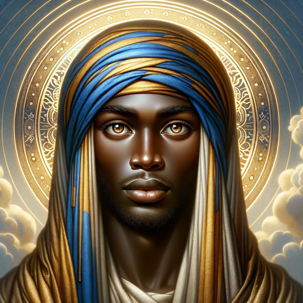 Create a beautiful African-American Jesus Christ with Hazel, brown eyes and blue and gold robe