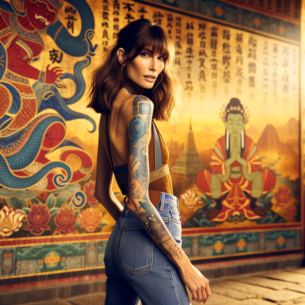 Athletic Thin skinny Attractive, Asian teenage girl, long brown hair and bangs, wearing tight skinny jeans and a halter top paint marks on her clothing, heroic pose Asian graffiti background, backside view