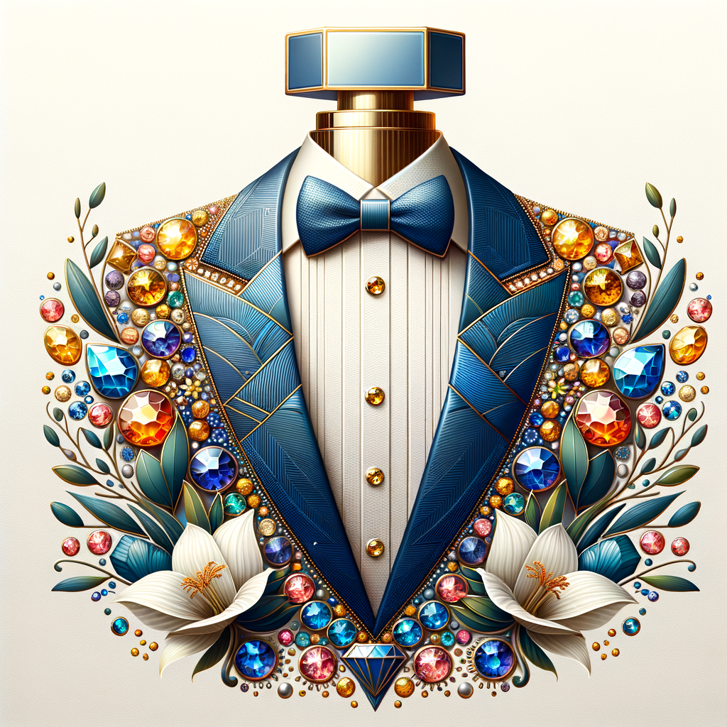 Create a blue and gold cologne bottle in the shape of a tuxedo with flowers with the name, Bradley and colorful jewels and diamonds