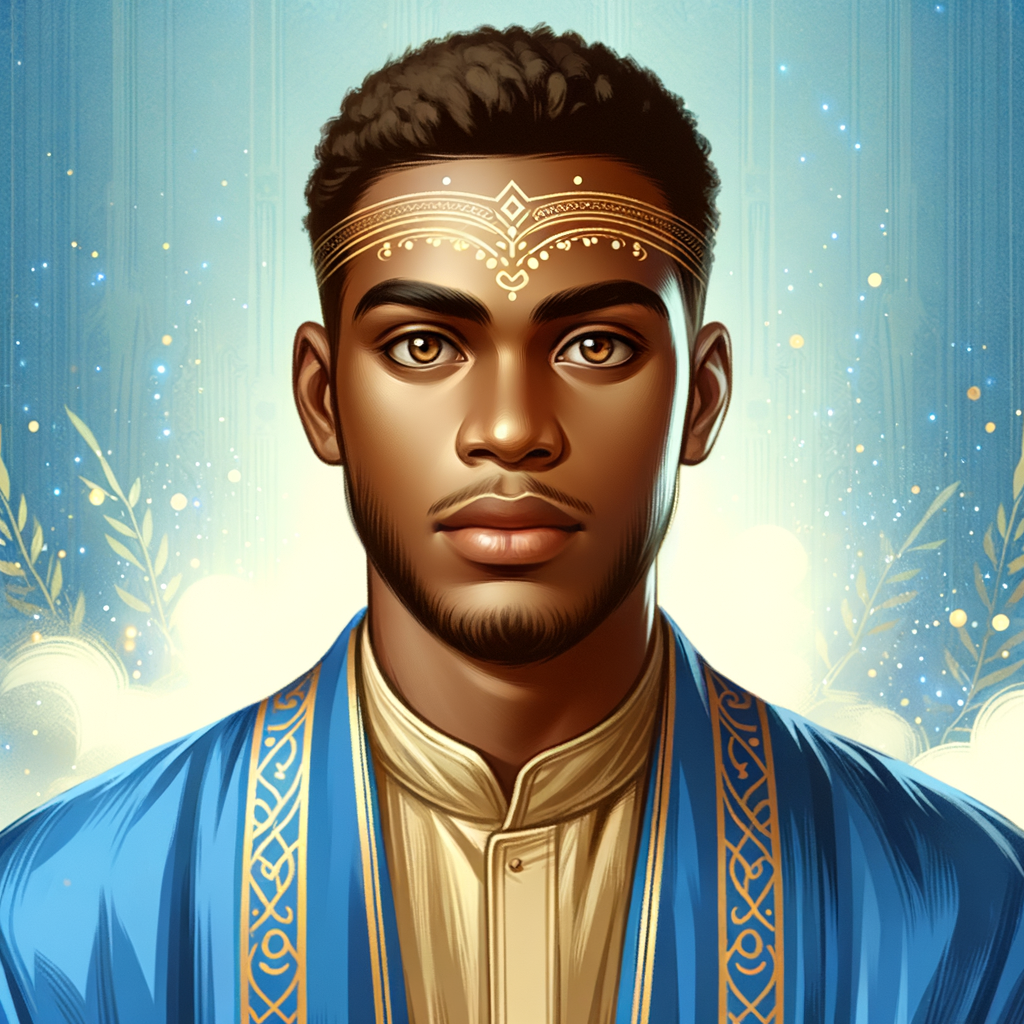 Create handsome African-American, Jesus, with Hazel Brown eyes wearing a blue and gold robe