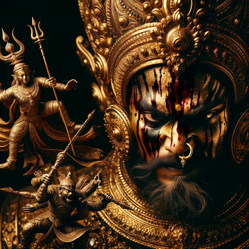 portrait of angry looking goddess durga pinning mahishasur to the ground. She is wearing gold armor, a huge gold crown, gold saree, abundant  gold jewelry, covered in blood. The scene is set in ancient India. The image is 8K resolution, photography, cinematic, ultra detailed face and epic