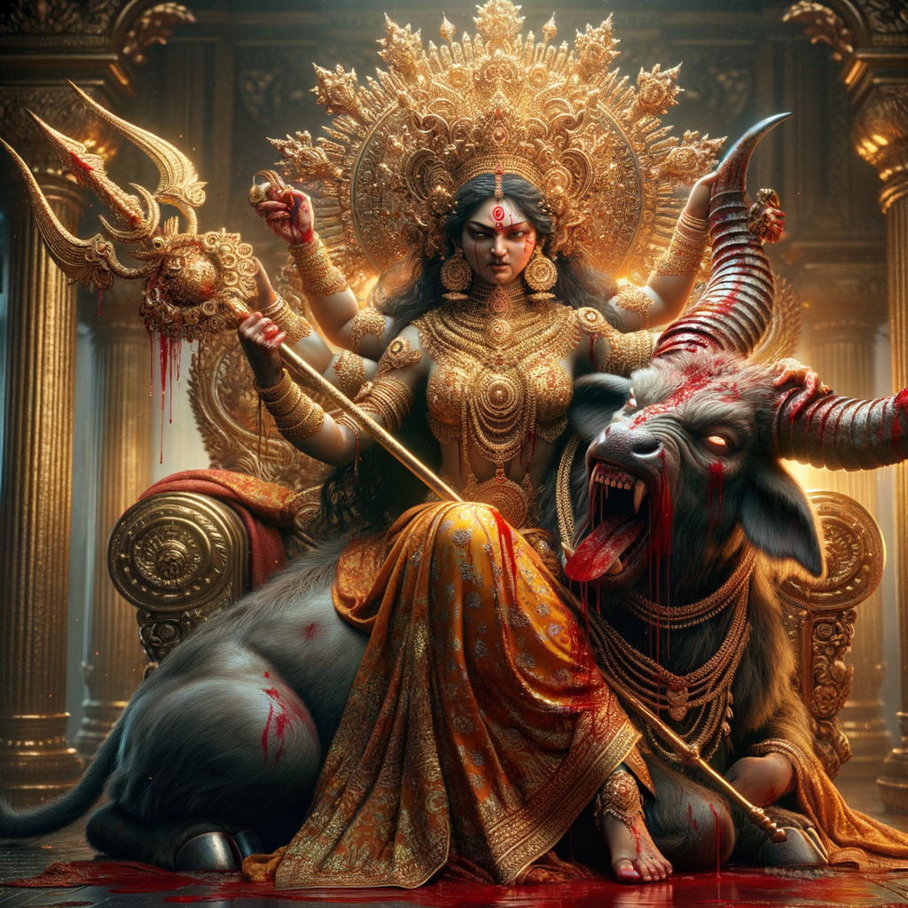 portrait of angry looking goddess durga, sitting on a gold crown and carrying a weak mahishasur on her lap and stabbing him with her amazingly designed trident. She is wearing gold armor, a huge gold crown, red saree, abundant gold jewelry, covered in blood. The scene is set in ancient India. The image is 8K resolution, cinematic, ultra detailed face and epic.