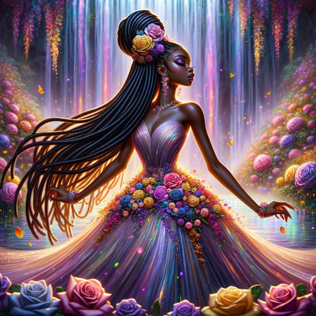 Remix Prompt
S/O Jackie Torres
S/O Panda Locke

create a animated style hyper realistic airbrush whimsical oil painting of a light African American woman wearing a flawless beautiful purple, pink, and gold blossom dress long flowing with colorful flowers and ruffles on the dress colorful jewelry made of flowers she has long black dreadlocks in a bun a colorful rose in her hair her peep toe shoes is matching her dress behind her is a beautiful waterfall liquid glowing lights beautiful colorful rainbow surrounded by beautiful roses.