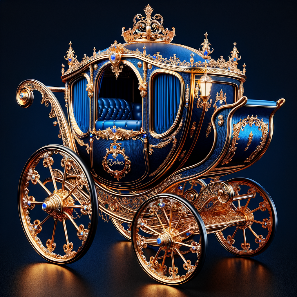 "Design an elaborate baby carriage fit for royalty, with an elegant royal blue body and shimmering gold details. The carriage features exquisite golden ornamentation, with wheels that are masterpieces of craftsmanship, adorned with intricate lace-like filigree patterns. On the side panel of the carriage, the name 'Karen' is inscribed in an ornate, golden script that matches the opulence of the vehicle. The interior is visible, lined with a luxurious material that invites one to sit in comfort and style. The overall design exudes a sense of grandeur and fairytale magic, as if it has rolled out of a storybook page."