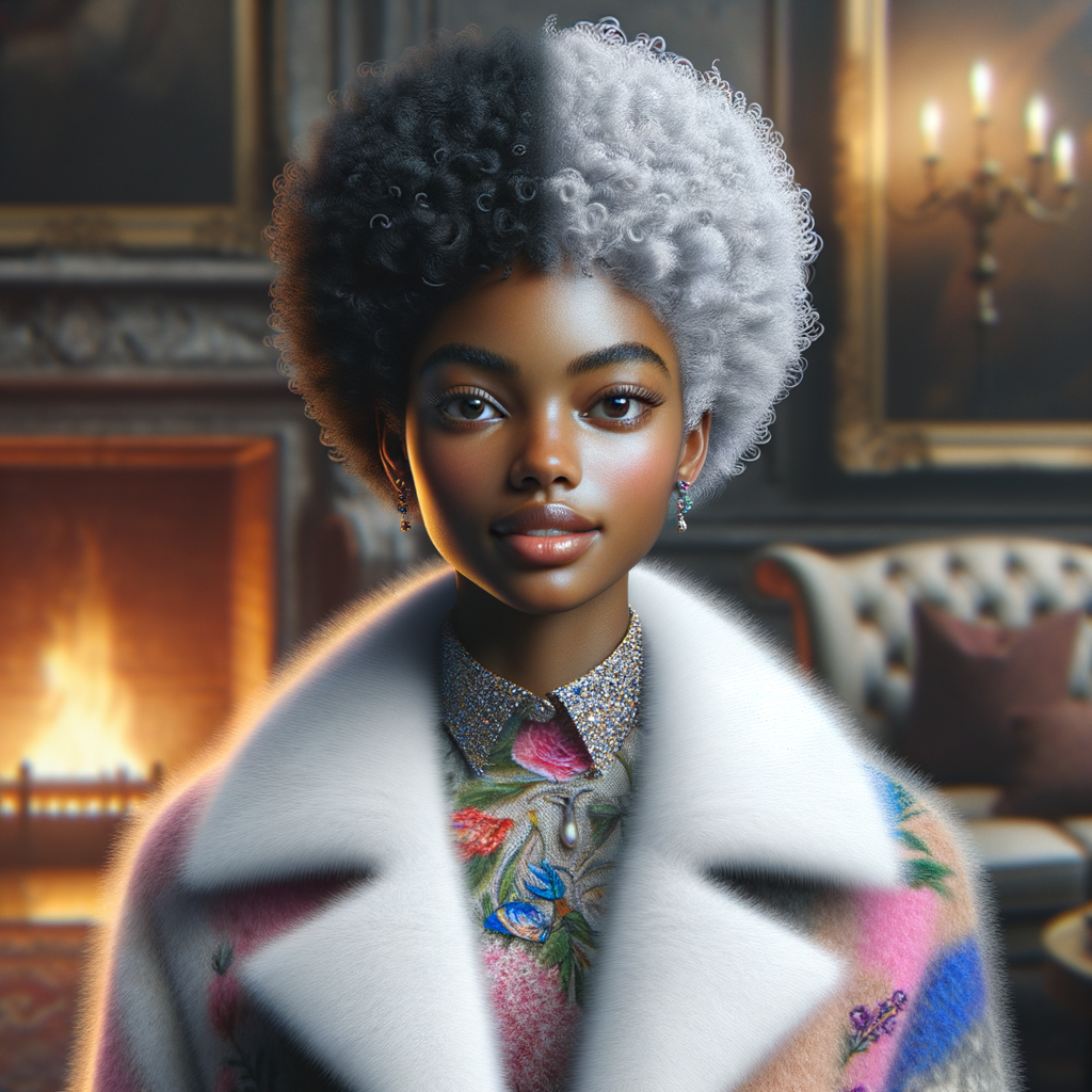 a full body veiw of a colorful gloss hyper realistic oil painting of a regal beautiful light skinned afro  American girlwith beautiful pixie cut one side of hair is black and the other side  of her hair white slick baby hair and furry white and pink and blue furry coat and outfit under the coat standing in living room with fireplace