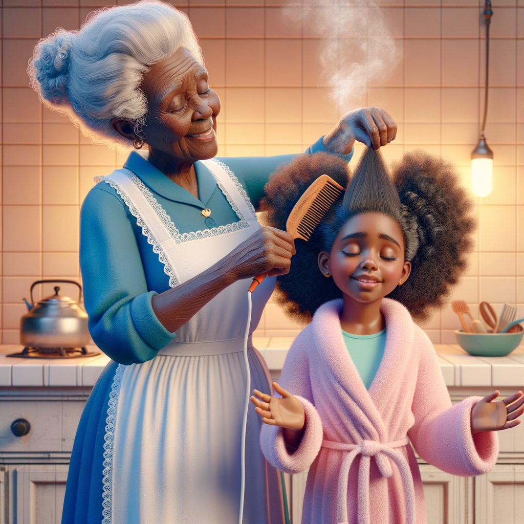 Create a realistic 3-D image of an african-American grandmother wearing a blue house dress and a white apron . She is in the kitchen with her african-American granddaughter. Her granddaughter is wearing a pink bath robe. The grandmother has a hot comb in her hand and she is straightening her granddaughters hair. One side of her granddaughters hair is in  a Afro the other straight 
There is smoke coming from the hot comb
The granddaughter is making a face