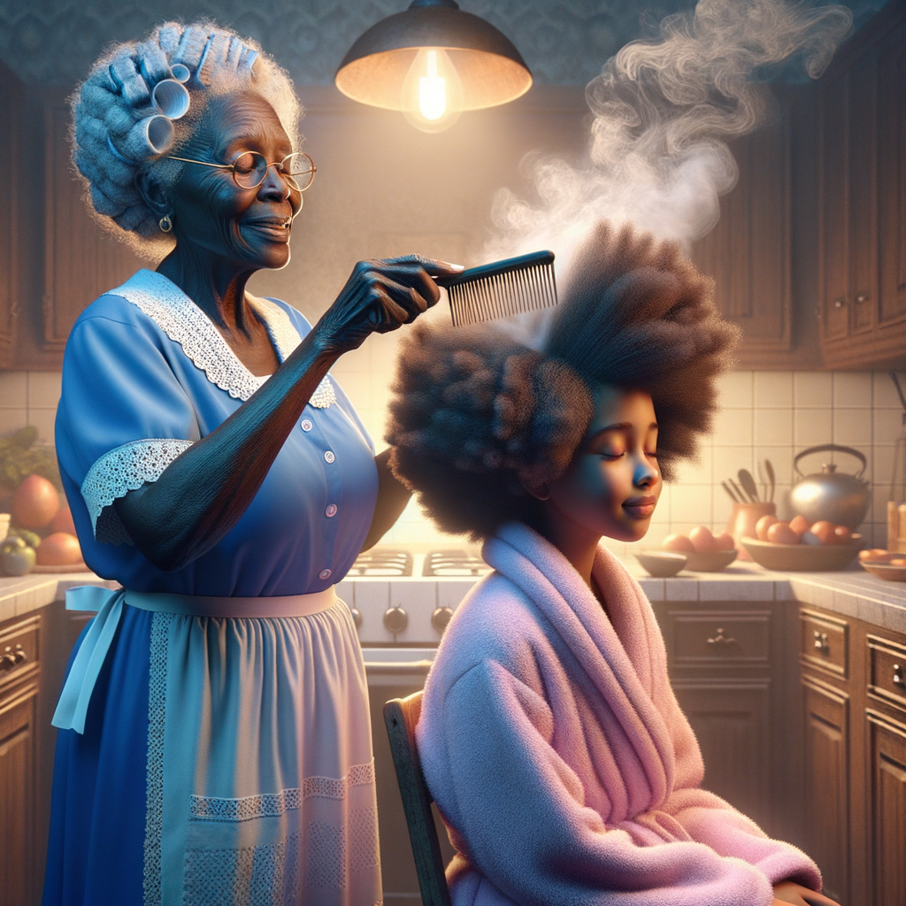 Create a realistic 3-D image of an african-American grandmother wearing a blue house dress and a white apron . She is in the kitchen with her african-American granddaughter. Her granddaughter is wearing a pink bath robe. The grandmother has a hot comb in her hand and she is straightening her granddaughters hair. One side of her granddaughters hair is in  a Afro the other straight 
There is smoke coming from the hot comb
The granddaughter is making a face