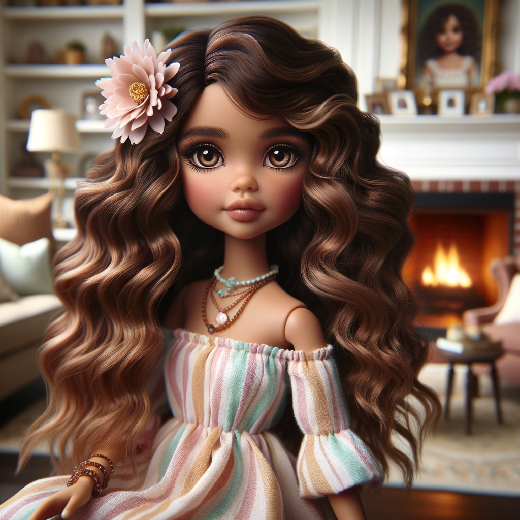 Create an image of a stylized, Latino brown skin doll-like girl seated in a cozy living room with a warm fireplace. She has voluminous, wavy hair cascading over her shoulders, tinted with shades of chestnut and mocha. Her large, expressive eyes are a deep brown, fringed with long, fluttery lashes. A delicate pink flower tucks behind one ear, complementing her youthful glow. She wears a pastel-striped summer dress with soft, flowing fabric that drapes elegantly over her small frame. Around her neck is a dainty necklace adorned with beads and a gentle sprinkle of gemstones reflecting subtle light. In her hand, she holds a pearly seashell as a charming accessory. Behind her, the living room is inviting, with plush furnishings, a mantelpiece adorned with family photos and trinkets, and a crackling fireplace that casts a comforting glow and dancing shadows around the room, enhancing the ambiance of a serene home setting