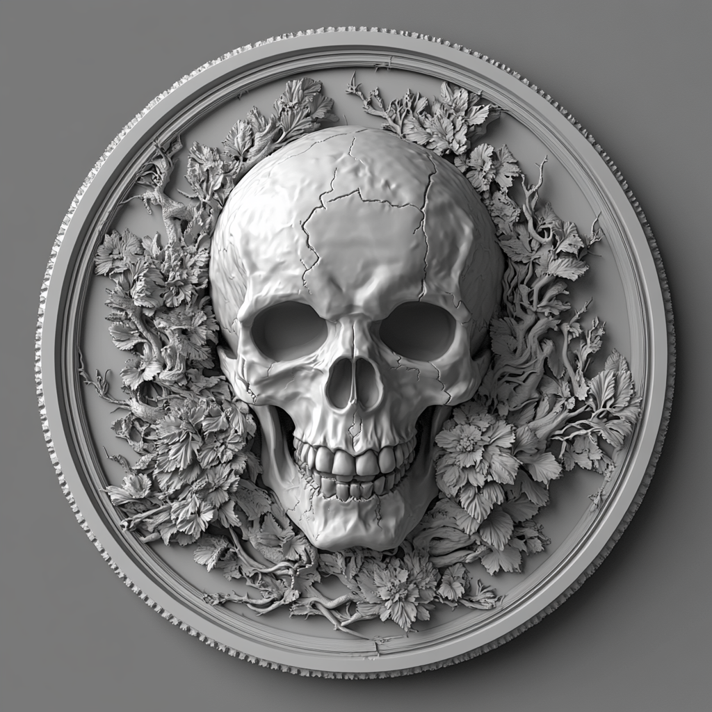 Design a high-contrast grayscale 3d bas relief of artistic skull, The composition should be circular like a coin emblem, designed for CNC routing with balanced lighting to accentuate fine details, sharp edges, and distinct textures. Employ deep shadows and strong highlights to define planes and surfaces clearly.