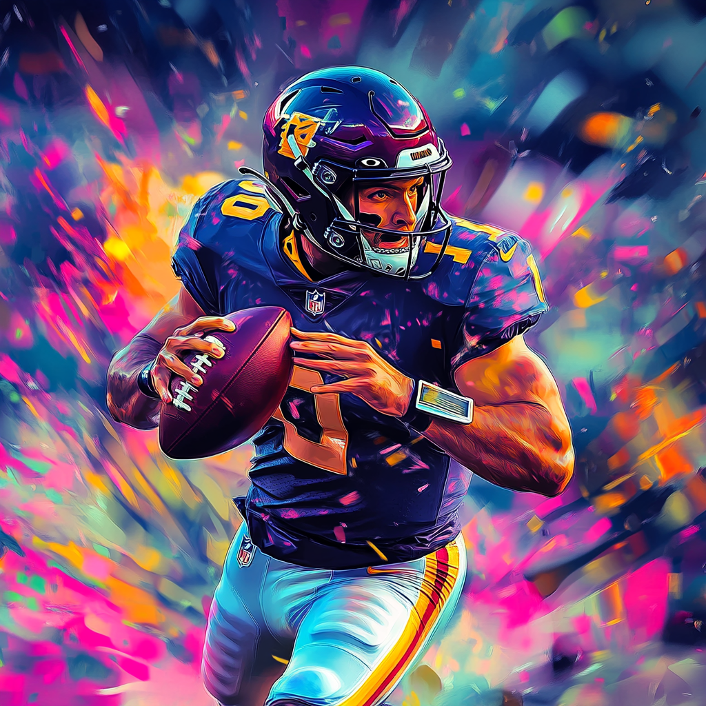 Elon Musk NFL player, there are many players around on the football field, the picture is in motion, carton colorful art style