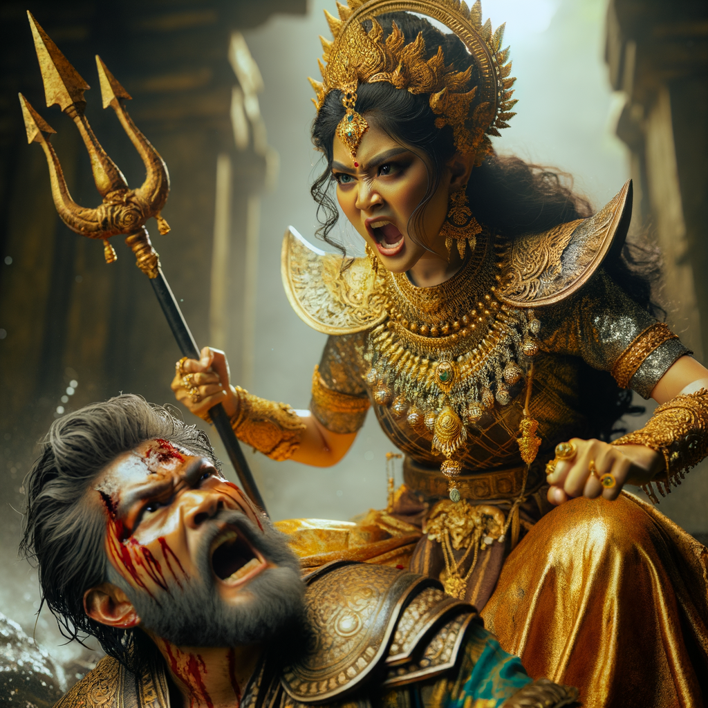 portrait of angry looking, indian goddess cosplayer straddling a defeated mahishasur, while he is lying on the ground and she stabs him with her trident. She is wearing gold armor, a huge gold crown, gold saree, abundant  gold jewelry, covered in blood. The scene is set in ancient India. The image is 8K resolution, cinematic, photography, ultra detailed face and epic.