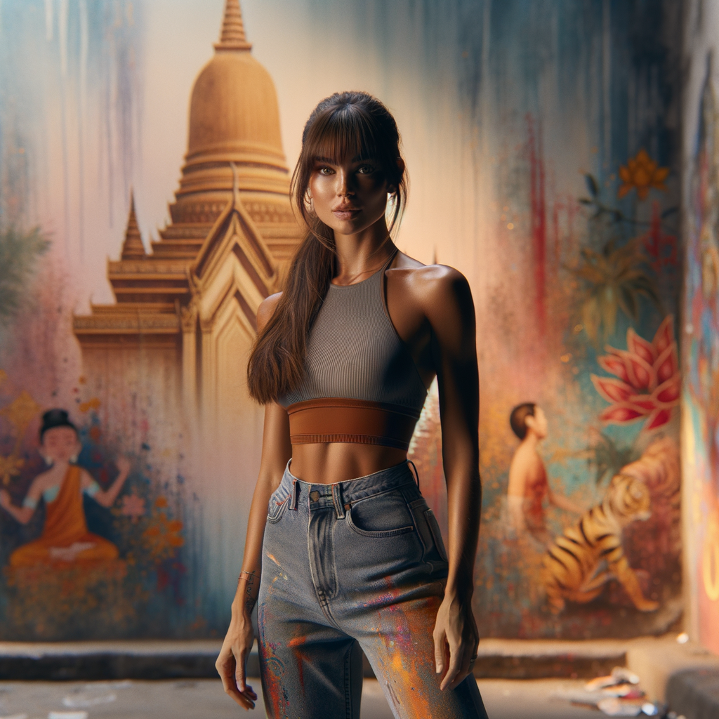 Athletic Thin skinny Attractive, Asian teenage girl, long brown hair and bangs, wearing tight skinny jeans and a halter top paint marks on her clothing, heroic pose Asian graffiti background, backside view