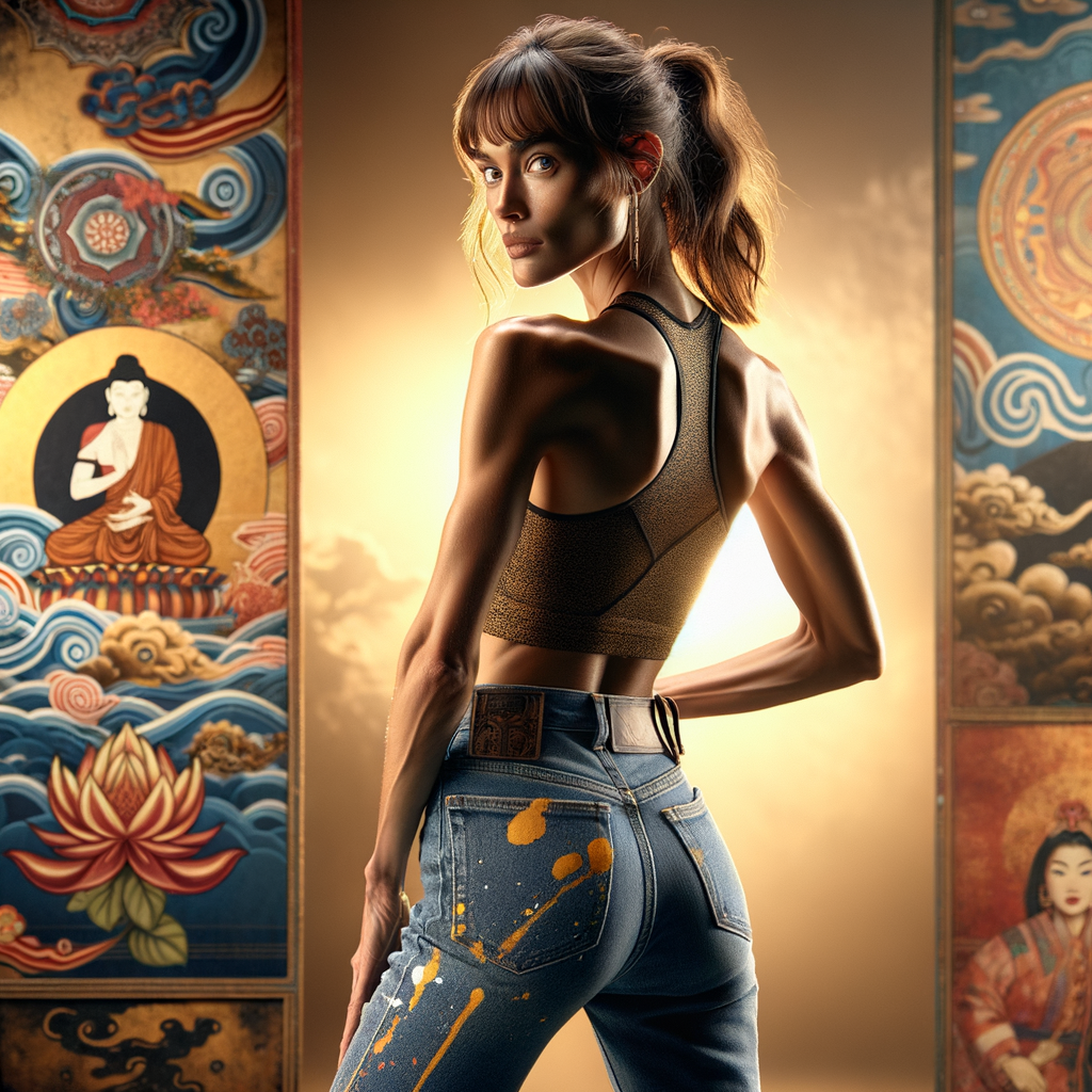 Athletic Thin skinny Attractive, Asian teenage girl, long brown hair and bangs, wearing tight skinny jeans and a halter top paint marks on her clothing, heroic pose Asian graffiti background, backside view